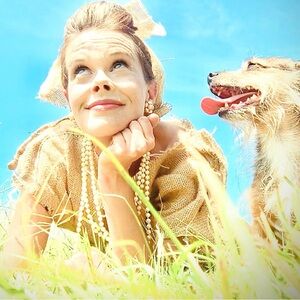 Just me wearing a feed sack from the feed store with my happy dog, Fred